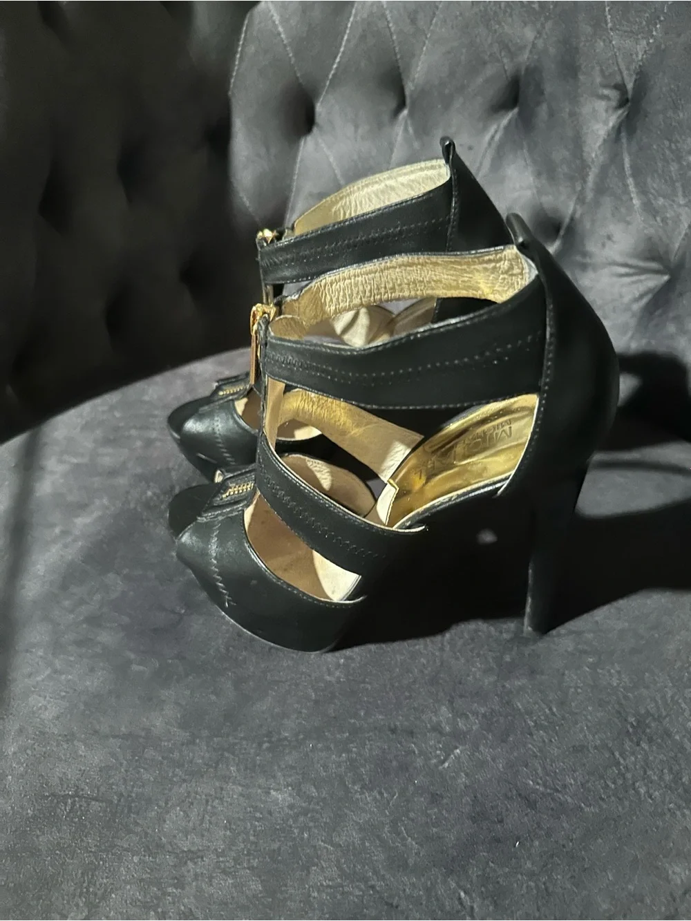 Michael Kors Berkley PlatformBlack Peep-Toe Strappy Heels with Gold Front Zipper